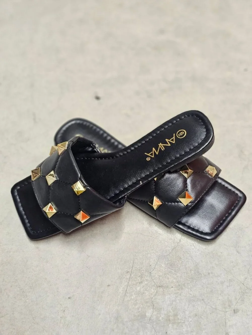Black Quilted Slides With Gold Studded Detail For Women - Square Toe Slip-On San